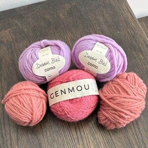 4 Skeins of yarn, Debbie Bliss/Genmou, chunky&worsted, lite purple, pink, rose